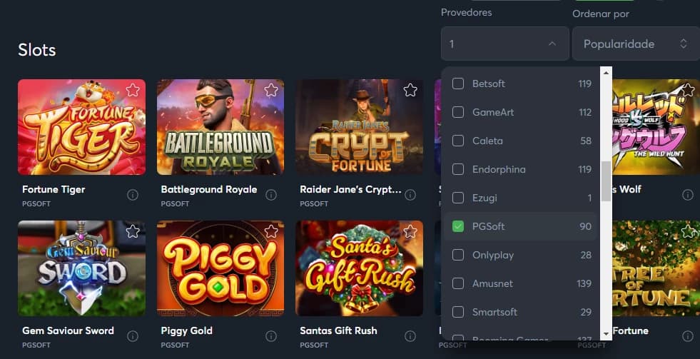 Captura de tela Filtrar por Provedor PG Soft no Cassino Online