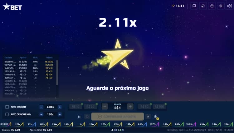 Captura de tela do jogo Stelar da Estrela Bet com saída no 2.11x