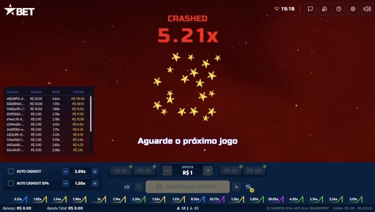 Captura de tela Interface do Crash Stelar Estrela Bet com crash no 5.21x