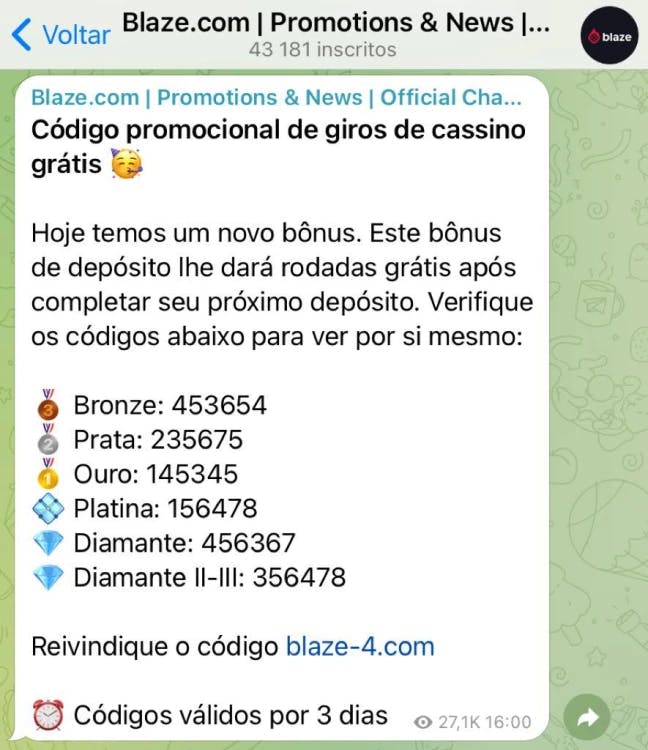 Captura de tela código promocional no WhatsApp do Grupo Oficial de Telegram Blaze