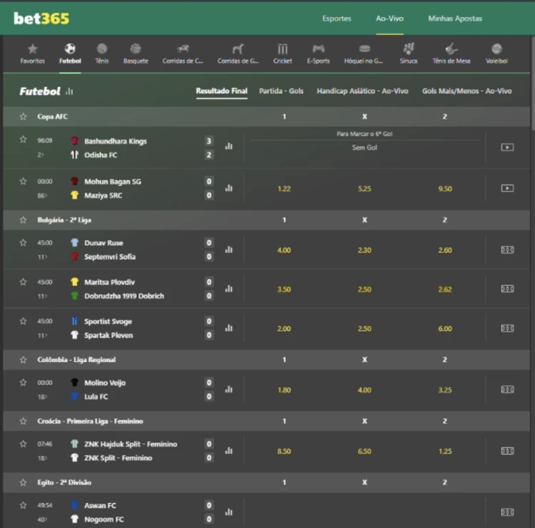 Captura de tela selecionar partida de futebol para apostar em tiros de meta na bet365