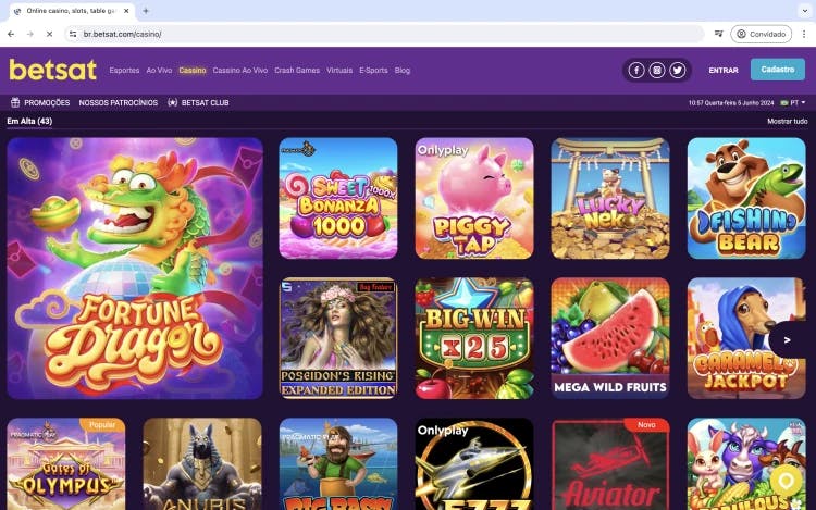 Captura de tela com alguns dos jogos de cassino mais populares disponíveis na Betsat: Fortune Dragon, Gates of olympus, Sweet Bonanza, Aviator.