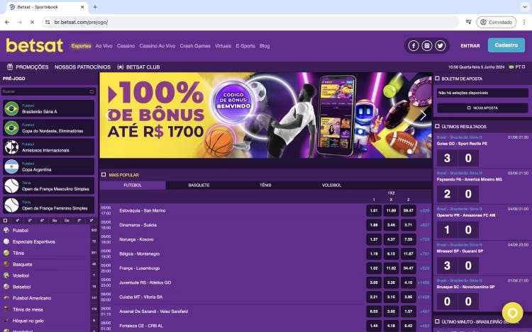 Captura de tela com os mercados de apostas esportivas da Betsat, destancando apostas em jogos de futebol