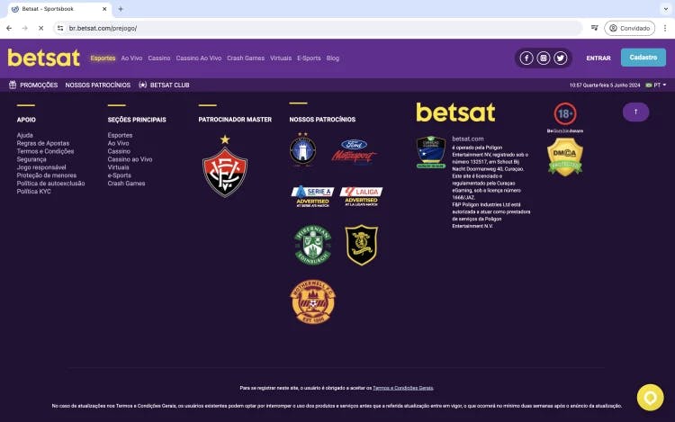 Captura de tela do rodapé da Homepage da Betsat com a Licença emitida pela Curação eGaming comprovando que a Betstat é confiável.