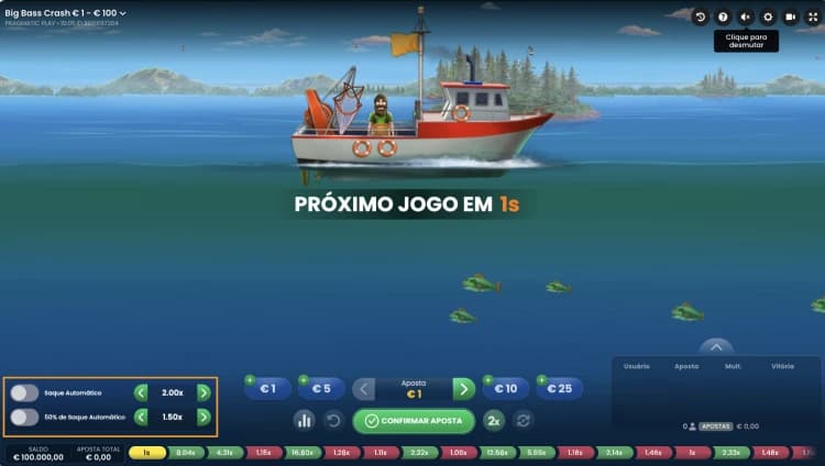 Captura de tela interface do jogo Big Bass Crash com destaque a laranja para o saque automático total e parcial