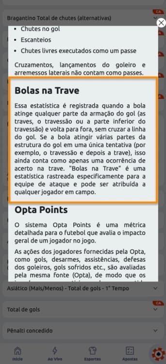 Captura de tela esclarecimento da Betano sobre o que significado a aposta em bola na trave