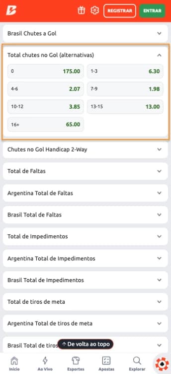 Captura de tela Aposta em Total de Chutes a gol (alternativas) Betano
