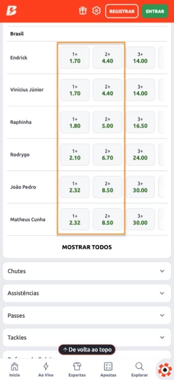 Captura de Tela Aposta Chutes no alvo Betano por jogador 