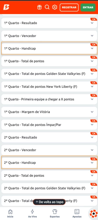 Captura de tela Handicap Basquete por partes do jogo na Betano
