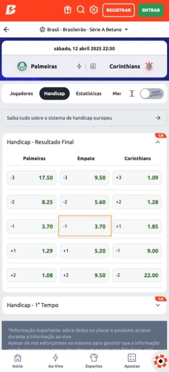Captura de tela Aposta em Handicap Empate -1 Betano
