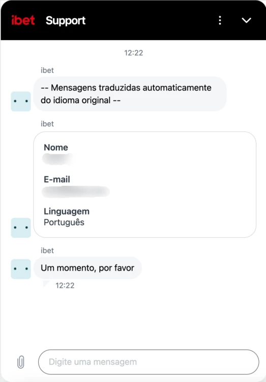 Captura de tela Suporte ao Cliente da Ibet demonstrando que o chat ao vivo não está operacional