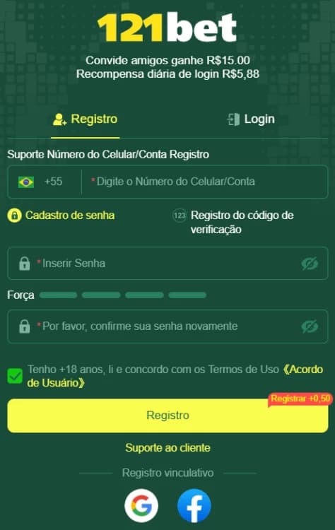 Exemplo de login e registro na 121bet