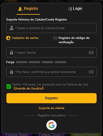 Processo de login e registro na CNC Bet