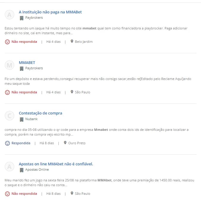 Captura de tela Reclamações e queixas sobre a MMA BET no Reclame Aqui sobre não pagamento