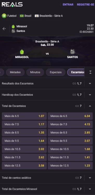 Captura de tela mercado de total de escanteios com mais de 9.5 e menos de 9.5 na Reaslbet