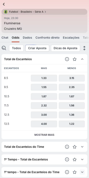 Captura de tela mercado de total de escanteios com mais de 9.5 e menos de 9.5 na Superbet