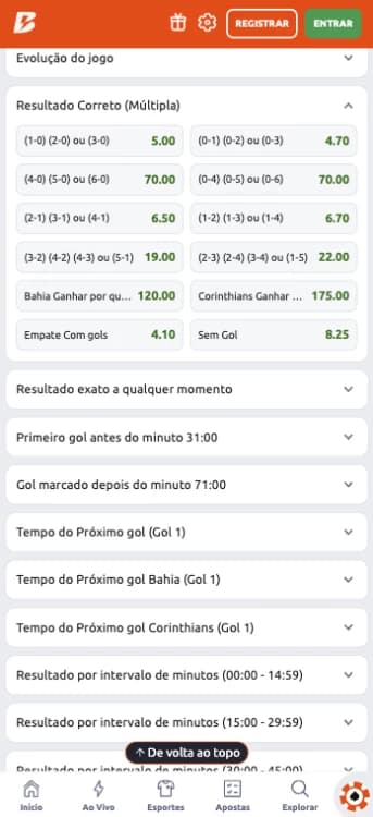 Captura de tela Aposta em Resultado Correto (Múltiplo) Betano entre Bahia e Corinthians