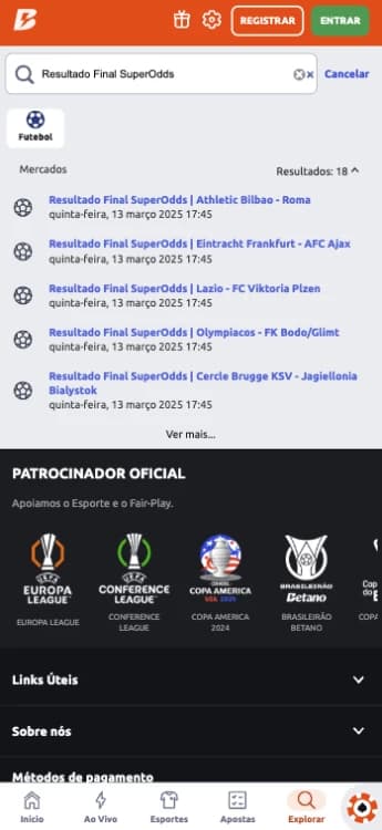 Captura de tela Encontrar apostas em Resultado Final SO Betano através da barra de pesquisa