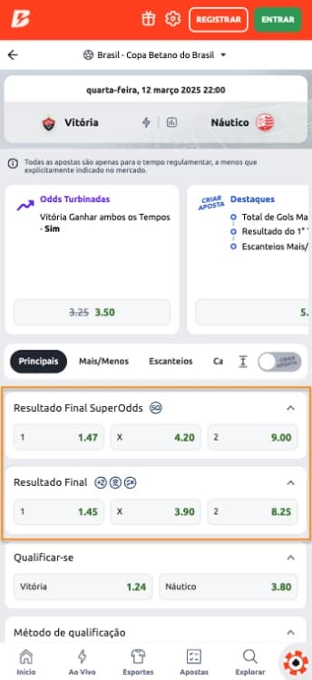 Captura de tela Diferença entre Resultado Final SO e Resultado Final na Betano
