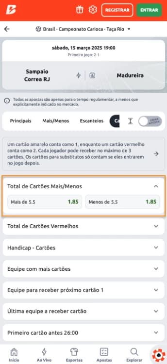 Captura de tela Aposta Total de Cartões em Menos de 5.5 na Betano