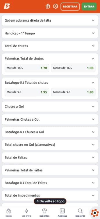 Captura de tela Total de Chutes Betano por times na partida entre Palmeiras x Botafogo pelo Brasileirão Betano 2025