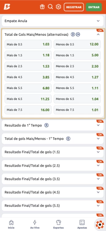 Captura de tela mercado de aposta Total de gols mais/menos alternativas Betano