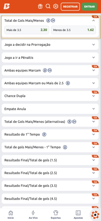Captura de tela Mercado de aposta em Total de gols mais/menos Betano