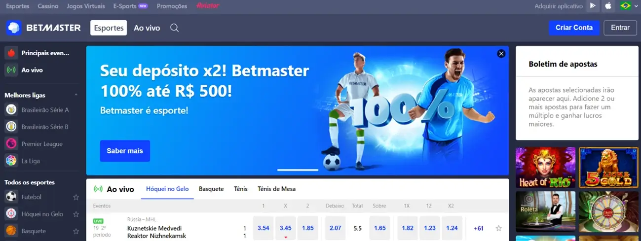 Página principal do site oficial die Betmaster Brasil