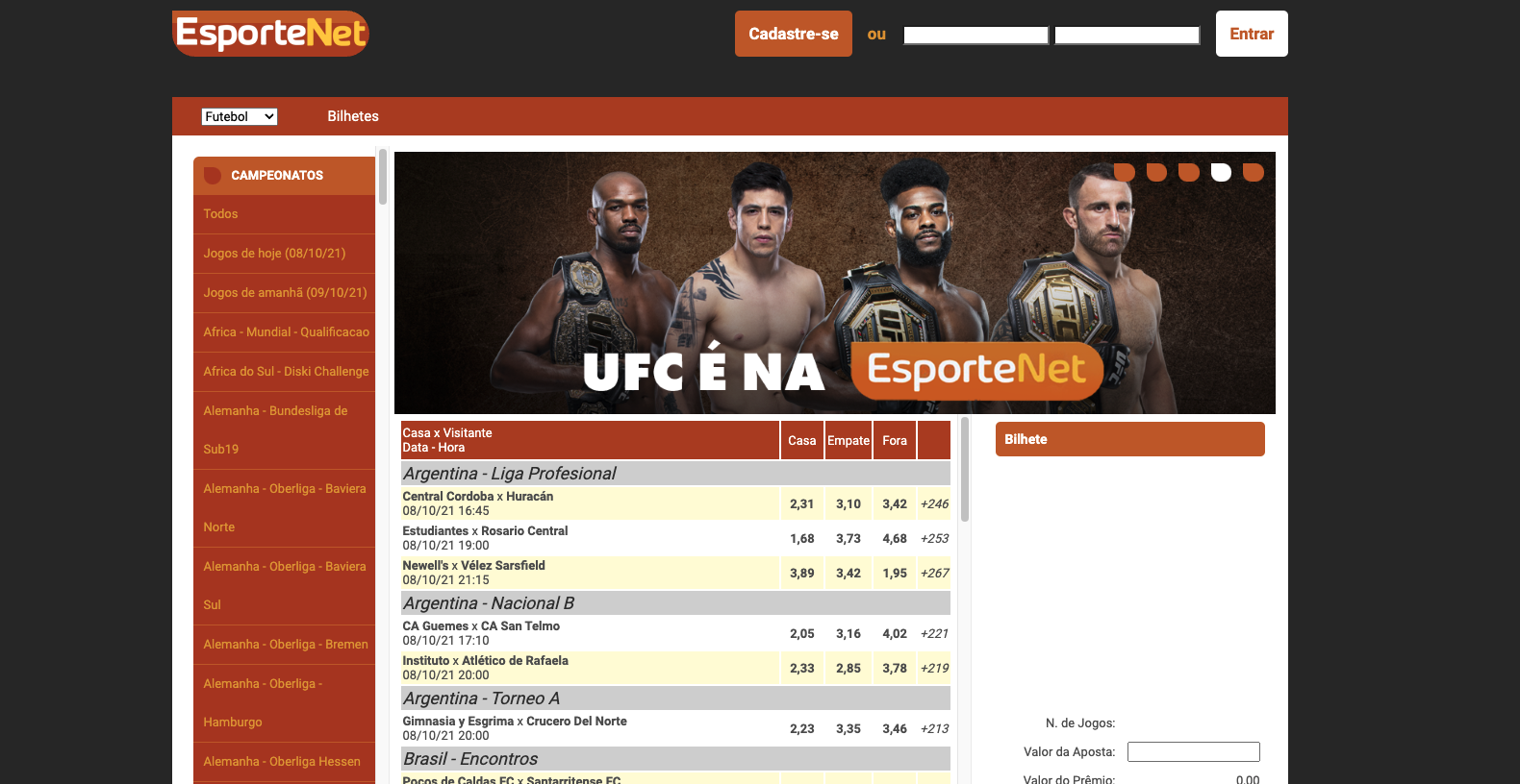 Página principal do site oficial de EsporteNet