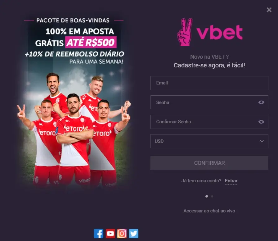 Página de registro de conta para inserir os dados no site oficial de Vbet Brasil