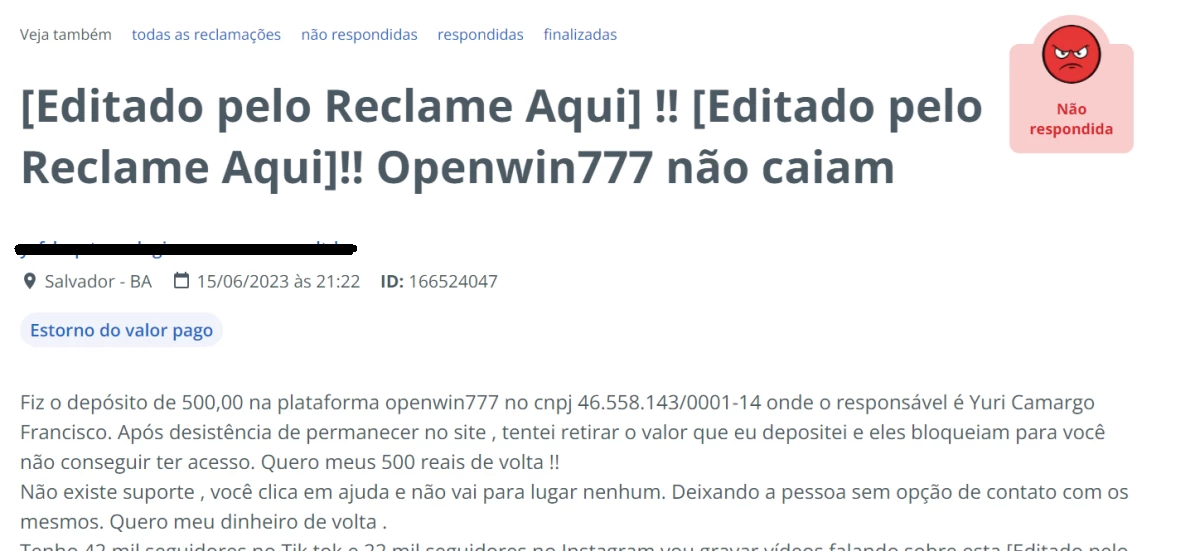 openwin777 no ReclameAqui